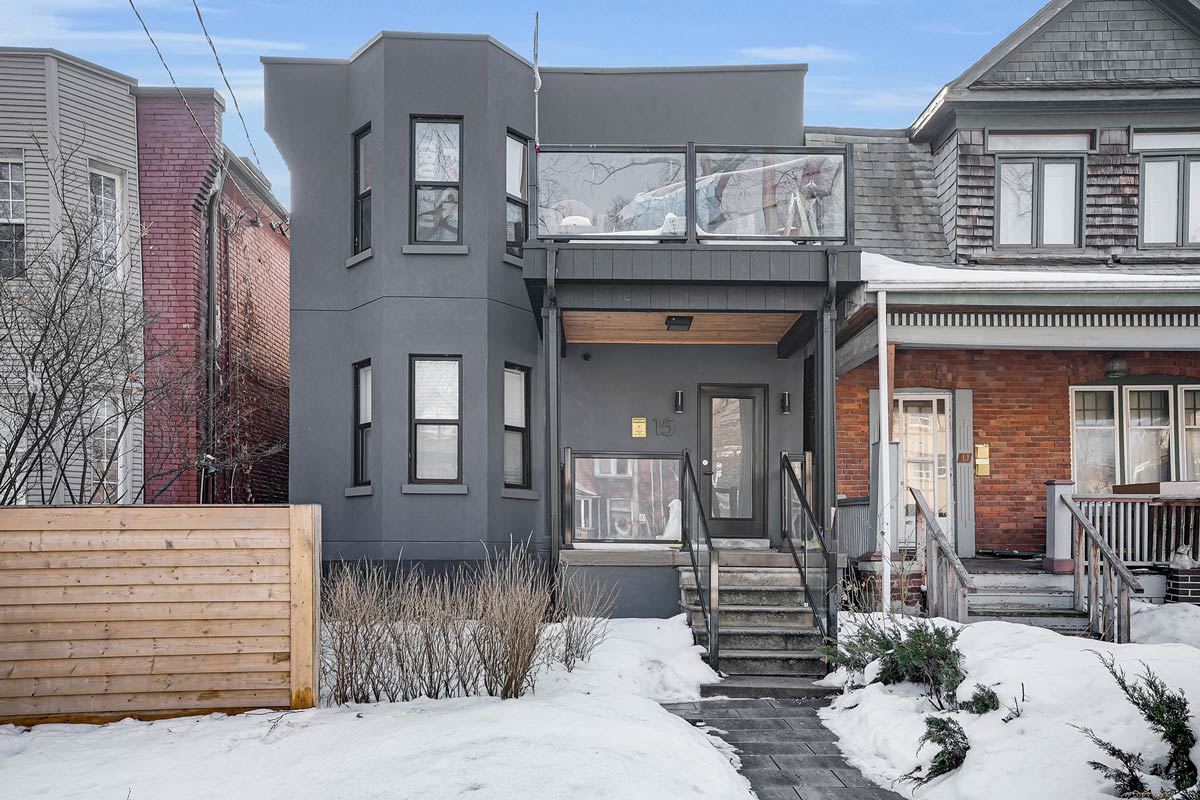 Front exterior of 15 Thorburn Ave apartment building, Parkdale Toronto